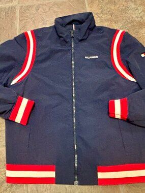 ~~Tommy Hilfiger Navy Stand Collar Striped Tape Bomber Jacket Size Large..VGUC!!
